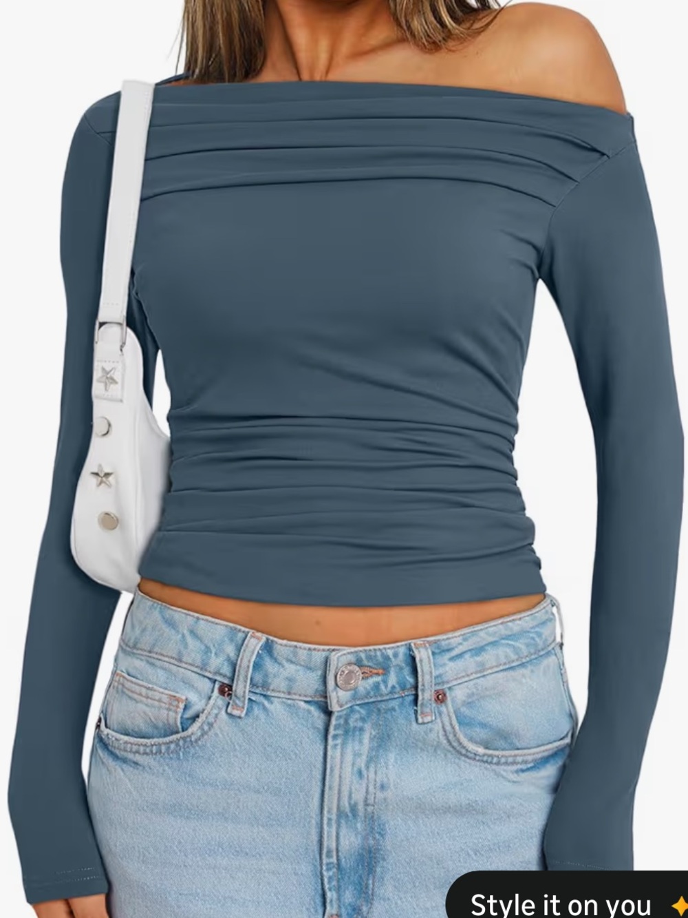 Off-the-Shoulder Long Sleeve Top in Slate Blue